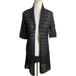 Eileen Fisher Black 100% Wool Lace Crochet Open Front Duster Cardigan Sweater M